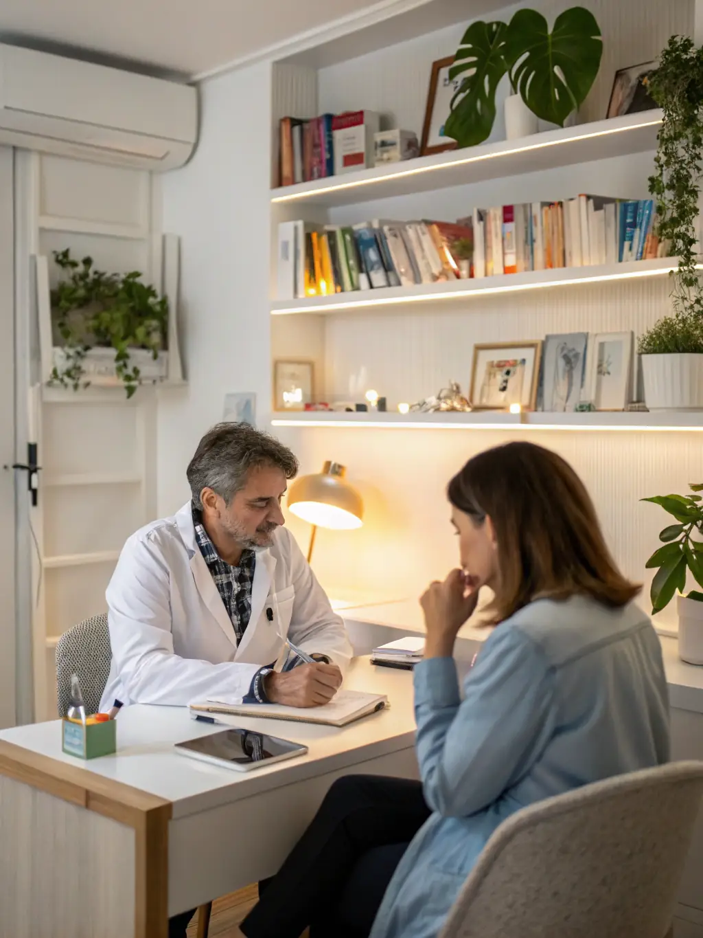 A healthcare professional participating in a webinar, with a cannabis plant illustration on the screen, highlighting interactive learning.