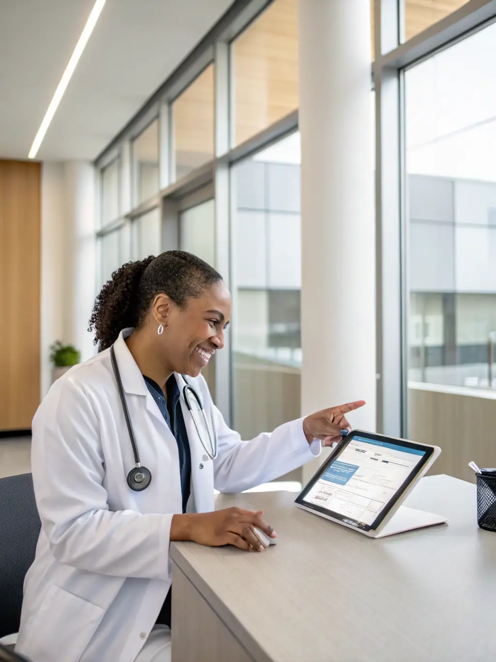 A healthcare professional studying a digital tablet displaying a cannabis leaf diagram, set in a modern, clean office environment, symbolizing foundational cannabis medicine education.