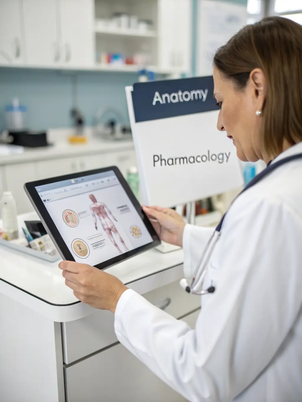A healthcare professional reviewing case studies on a tablet, with a cannabis leaf icon subtly displayed, emphasizing practical application.
