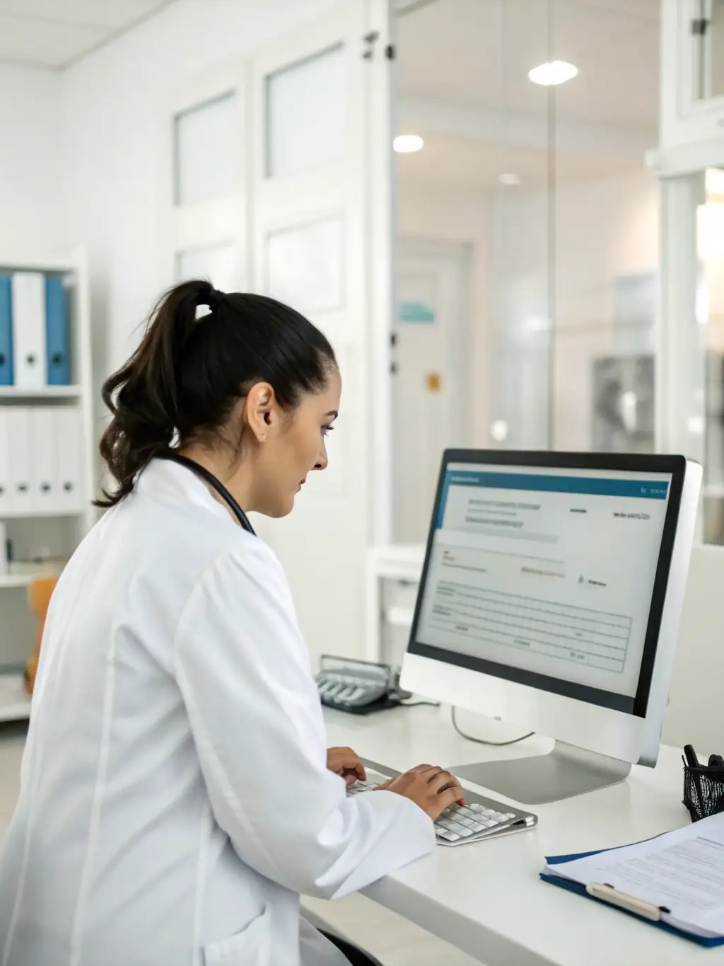 A healthcare professional accessing online resources on a laptop, with a cannabis leaf subtly integrated into the design, emphasizing digital learning.